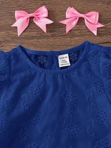 Emery Rose Kids Emery Rose Kids 女婴休闲简约舒适圆领泡泡袖镂空刺绣上衣，适合日常穿着和开学季 - 藍色 - 查看 6