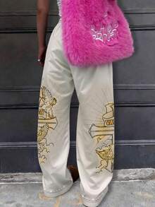 Rovax Women's Plaid Pattern Casual Loose Elastic Waist Straight Leg Pants - Beige - View 2
