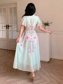 Modelyn Đầm xòe in họa tiết, xếp ly, thắt eo dành cho nữ - Màu xanh nhạt - Xem 2