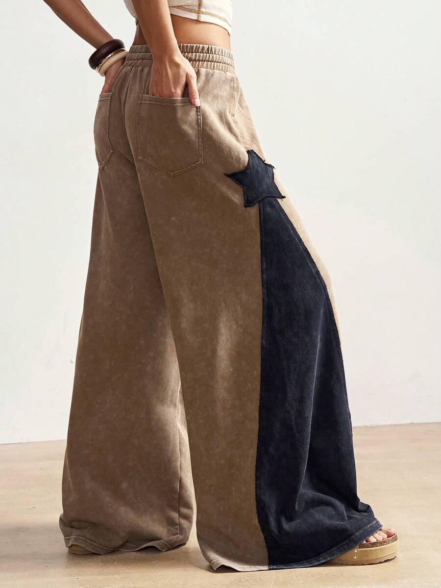 Bohemela 女士休闲针织拼接宽松阔腿水洗裤 - 棕色 - 查看 1