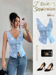 SHEIN Elenzya Women's Summer Floral Jacquard Single-Breasted Tank Top - Blue - View 1