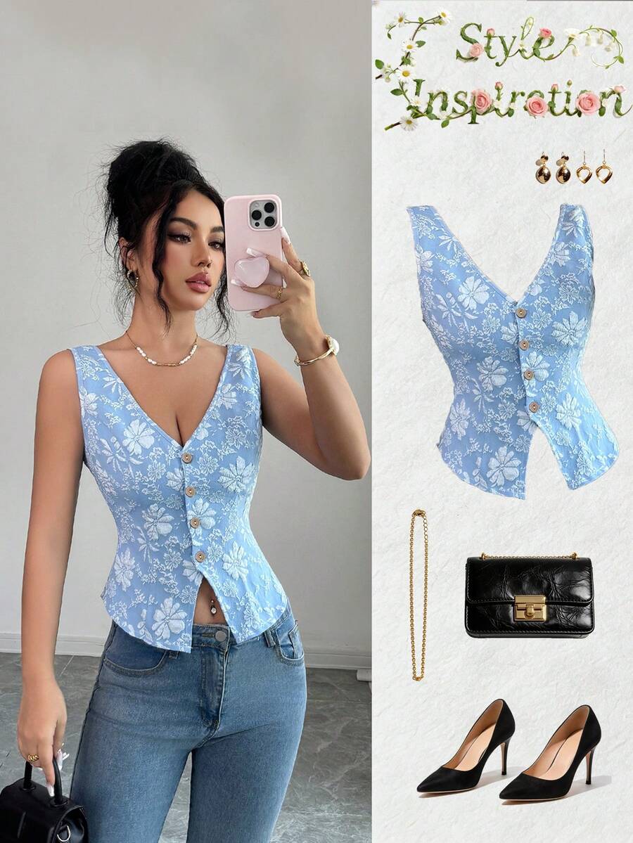SHEIN Elenzya Women's Summer Floral Jacquard Single-Breasted Tank Top - Blue - View 1