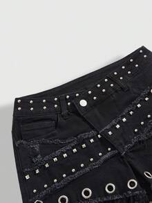 ROMWE J-Fashion Quần short denim nữ dáng ôm, rách rưới, đính ngọc trai, phong cách vintage Y2K. - màu đen - Xem 3