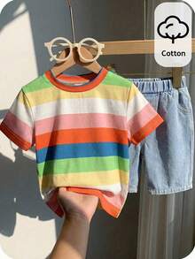 SHEIN Little Byeori 2件組小男孩恐龍壓紋短褲套裝 - 彩色 - 查看 6