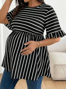 Plussiva 大码孕妇条纹印花圆领休闲短袖上衣 - 黑色 - 查看 1