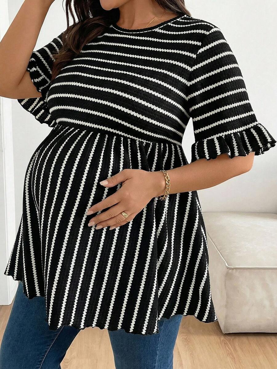 Plussiva 大码孕妇条纹印花圆领休闲短袖上衣 - 黑色 - 查看 1