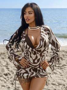 Swim SXY Chocolate Brown Summer Casual Beach Vacation Holiday Women 4-Piece Bikini Set,Triangle Halter Bikini,Mesh Long Sleeve Pullover,Side Ruched Skirt - Brown - View 1