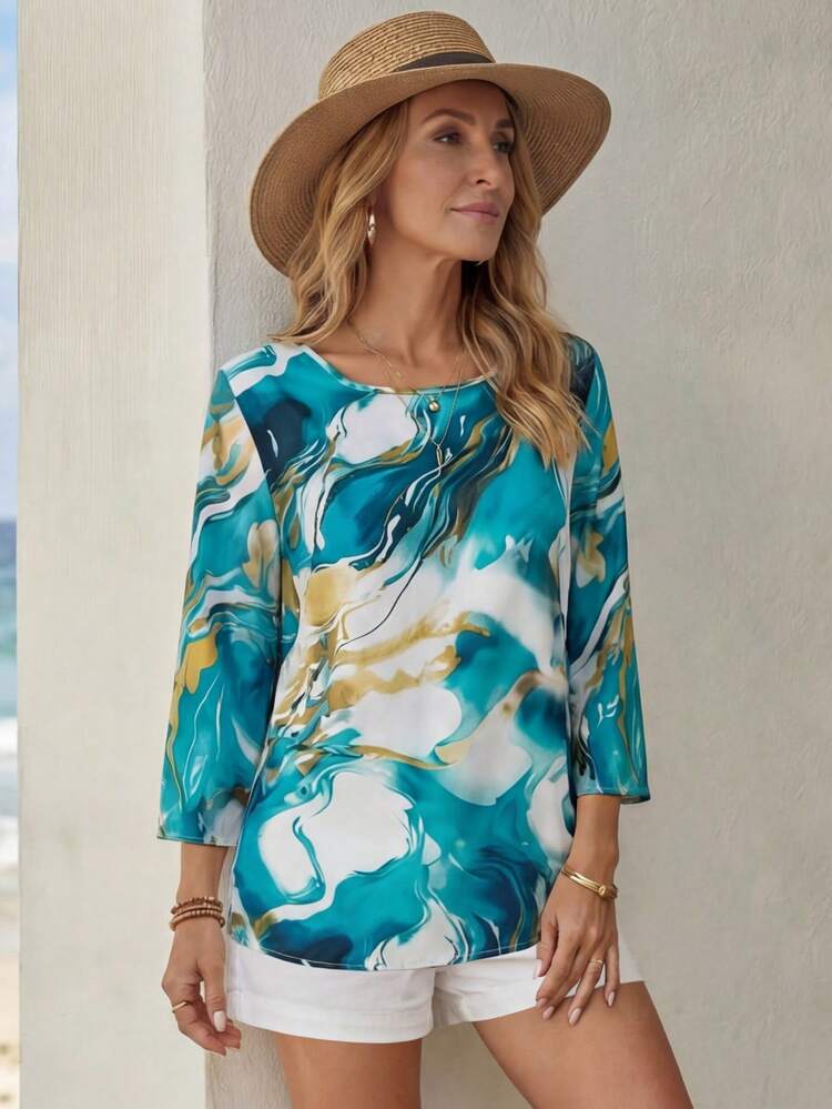 Women's Spring & Autumn Casual Tie-Dye Print Shirt,Three Quarter Sleeve Tops