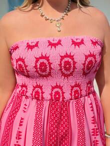 Vivid Eden Plus Size Boho Pink Folk Custom Pattern Strapless Long Jumpsuit With Shirred Details Woven Fabric Sleeveless Summer Outfit - Pink - View 8