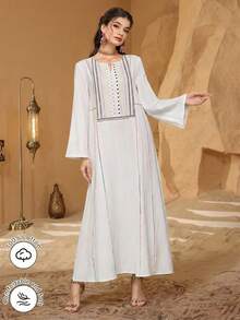 Al Najma Vestido acampanado con cuello en V, de patchwork a rayas de colores, para primavera/verano - Blanco - Ver 6