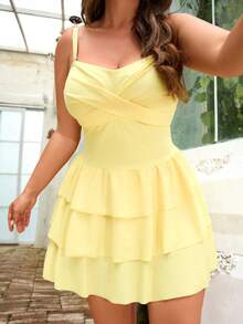 Swim Mod Plus Size Women's Solid Color Layered Ruffle Hem Sweet Girl Style Swimsuit Dress Two Pieces Set, Suitable For Pool, Vacation - Yellow - View 6