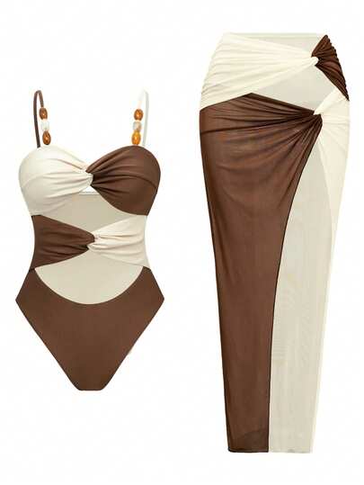 Swim Oasis 2pcs/Set Elegant Twist Knot Jewel Strap Ruched Bandeau One-Piece Swimsuit With Skirt, Fashionable Colorblock Beach Holiday Outfit