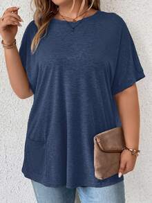 SHEIN LUNE Plus Size Women Casual Solid Color Minimalist Pocket Short Sleeve T-Shirt - Blue - View 4