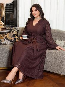 Modelyn Vestido elegante de talla grande con unicolor, patchwork de encaje, cuello en V acanalado, manga larga, cintura ceñida, regular, primavera/otoño - Marrón - Ver 6