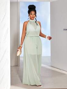 Maweii Plus Size Women's Light Green Sleeveless Top & Wide Leg Pants Two Pieces Set, Elegant Fit For Spring & Summer Office & Casual Outings - Mint Green - View 5