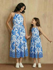 SHEIN 少女碎花开衩吊带裙 - 藍色 - 查看 5