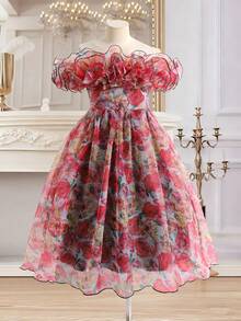 SHEIN Tween Girl Elegant Multi-Layered Ruffle Floral Print Mid-Length Dress,Kids - Multicolor - View 7