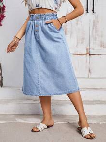 Breezaya Plus Size Solid Color Ruffle Hem Denim Mini Skirt - Light Wash - View 2