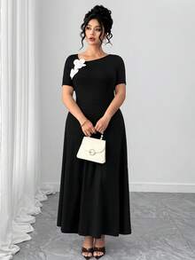 Elenzga Plus Size Women Asymmetrical Neckline Floral Decor Short Sleeve French Chic Midi Dress - Black - View 3