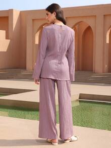 Graceveil 两件套女士纹理纯色圆领优雅宽松长袖上衣，腰部系带配珍珠装饰 - 淺灰紫 - 查看 2