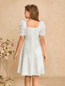 SHEIN 1件少女优雅网纱玫瑰刺绣方领拉链后背泡泡袖修身白色连衣裙，适合日常穿着、派对、婚礼、各种场合 - 白色 - 查看 2