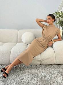 Lavishia Đầm nữ cao cấp, thanh lịch, dài ngang gối, vai rộng, thích hợp cho các buổi tiệc, đi chơi và đi làm. - Màu Khaki - Xem 6