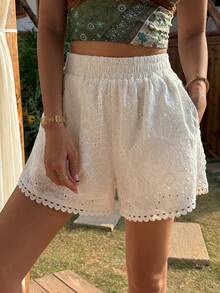 Livesso White Lace Patchwork Casual Beach Shorts For Women, Suitable For Spring & Summer, Vacation & Wedding Boho - White - View 4