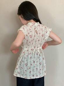 DAZY Young Girl Ditsy Floral V-Neck Frill Trim Casual Blouse - Beige - View 2