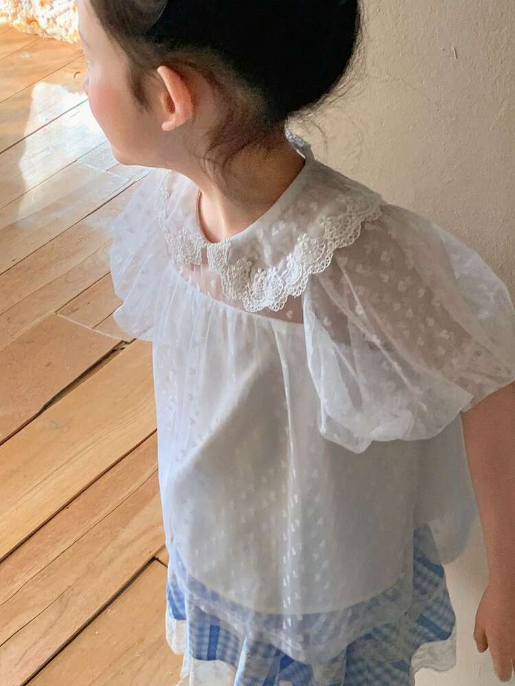 Young Girl Summer Casual Minimalist Mesh & Contrast Lace Petal Sleeve Blouse