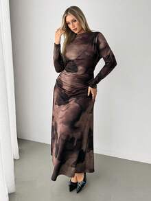 Auralis Plus Size Elegant Tie Dye Waist Cinched Long Sleeve Dress, Autumn Long Sleeve Elegant Dress Brown Elegant Dress Women Assymetrical Dress For Women Wedding Dress For Women - Brown - View 5