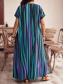 EMERY ROSE Plus Size Women's Striped Color Block Side Reflected Color Striped Maxi Long Beach Dress For Vacation Summer Outfits Summer Clothes  Spring  Spring Outfit Women Spring Clothes Beach Vacation Outfits For Women Bohemian, Summer Dresses - Mint Blue - View 2
