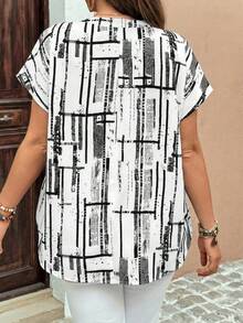 EMERY ROSE Plus Size Colorblock Print Casual Short Sleeve Shirt, Going Out Tops - White - View 2