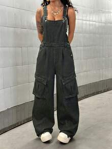StreetHx Bộ jumpsuit denim dáng rộng, thoải mái, có túi nắp gập, dành cho nữ, phù hợp cho mùa xuân, hè và thu. - Xám - Xem 6