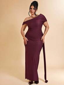 SHEIN BAE Đầm lưới dài ôm sát cơ thể thanh lịch dành cho nữ cỡ lớn, đầm vai bất đối xứng, đầm đỏ cho ngày Valentine. - Màu Đỏ Sâu - Xem 3