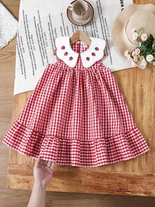 SHEIN Vestido informal sin mangas con cuello Peter Pan de color contrastante y estampado de fresas para niña - Rojo - Ver 6
