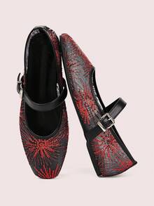 CUCCOO DOLLMOD Women's Shoes Mesh Embroidery Decorative Flat Bottom Mary Jane - Rouge Casaque - View 2