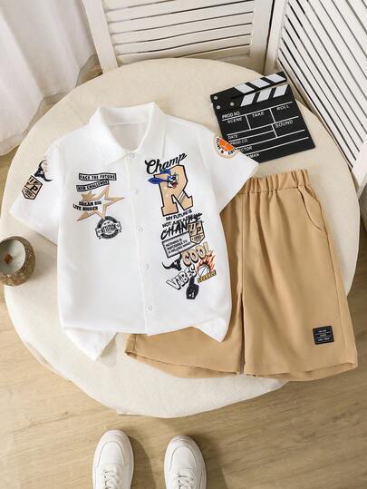 Set de 2 piezas de camisa de manga corta con estampado digital y pantalones cortos de cintura elástica para niños, estilo casual, suelto y cómodo, adecuado para otoño, , verano, uso diario, ir y venir, al aire libre, deportes, escuela, ropa urbana, fiesta, fotografía