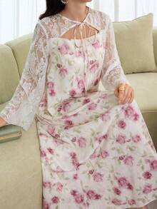 Yasmyna Women's Spring/Summer Pink Jacquard Digital Printed Long Sleeve Lace Romantic Elegant Turkish Abaya & Arabic Traditional Maxi Dress - Pink - View 3