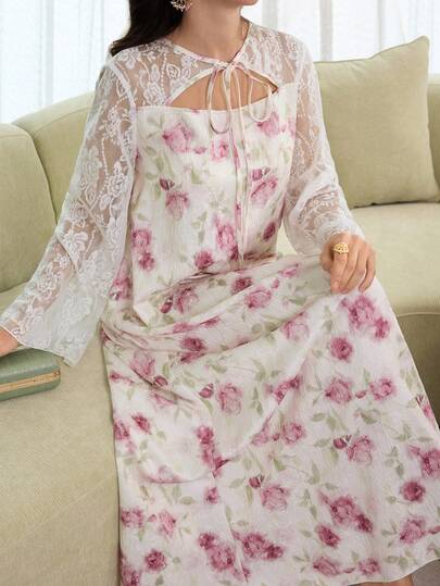 Yasmyna Women's Spring/Summer Pink Jacquard Digital Printed Long Sleeve Lace Romantic Elegant Turkish Abaya & Arabic Traditional Maxi Dress