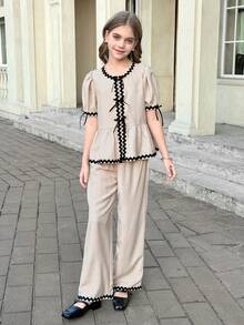 SHEIN Bộ đồ 2 món cho bé gái tuổi teen: áo tay cánh hoa phối màu tương phản và quần ống rộng. - Màu be - Xem 5