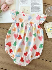 SHEIN LMoss Kids 女婴爱心图案针织荷叶边领休闲连体衣 - 彩色 - 查看 2