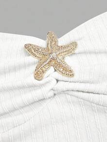 SHEIN CURVE+ Women's All White Summer Cute Silky Beach Party Vacation Dress,Starfish Metal Decor Off-The-Shoulder Spaghetti Strap Ruched Waist Slim Fit Mini Dress - Beige - View 6