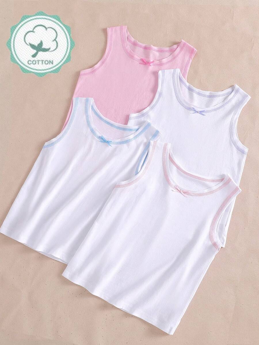 Young Girls Multicolor Plain Sleeveless Fitted Round Neck Basic Cotton Undershirt With Contrast Trim - Multicolor - View 1