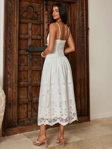 Enchnt Women's White Summer Tropical Garden Party Holiday Vacation Hollow Embroidery Spaghetti Strap Backless Maxi Dress,Elegant Wedding Guest Beach Outfits - White - View 7