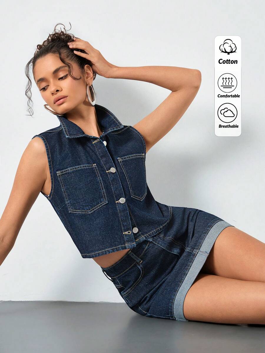 SHEIN 100% Cotton Women's Denim Two Pieces Outfits - Dark Wash - View 1