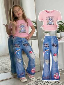 SHEIN 2pcs/Set Young Girls Light Pink Summer Cartoon Rabbit Print Short Sleeve Tee Top With Drawstring Sides And Graphic Flare Pants,Kids Fashionable Set - Pink - View 12