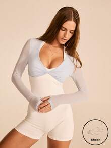 Aralina Áo croptop tay dài ôm sát, cổ chữ V sâu, dáng suông, chất liệu co giãn, thích hợp mặc hàng ngày, kiểu dáng thường ngày. - Màu xanh nhạt - Xem 1