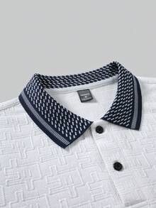 EGENSIO Men's Knitted Jacquard Texture Solid Color Ribbed Collar 2-Button Polo Shirt - White - View 4