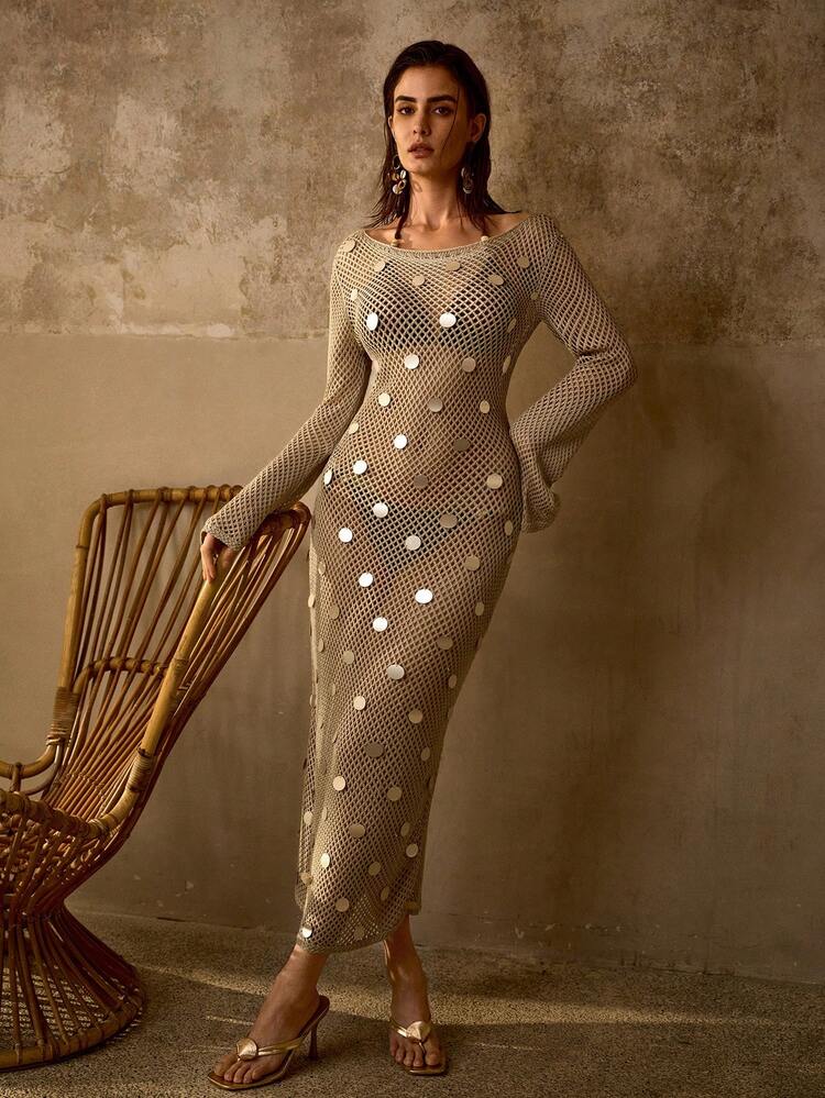 VESTIDO TRANSPARENTE CON RECORTES Y LENTEJUELAS PARA CUBRIR TRAJE DE BAÑO DE MUJER PARA VACACIONES EN LA PLAYA