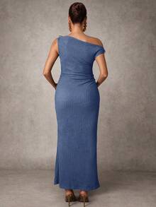 MaterniChic Elegant Maternity Party Solid Color Asymmetrical Shoulder Dress - Blue - View 6